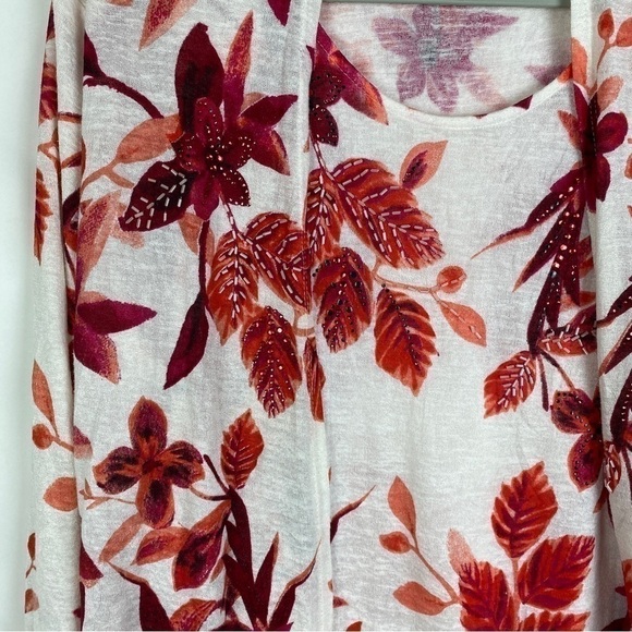 Leo Guy 2-Piece Floral Beaded Tank with Open Cardigan Women's 4 Beige Pink Red - Picture 7 of 12